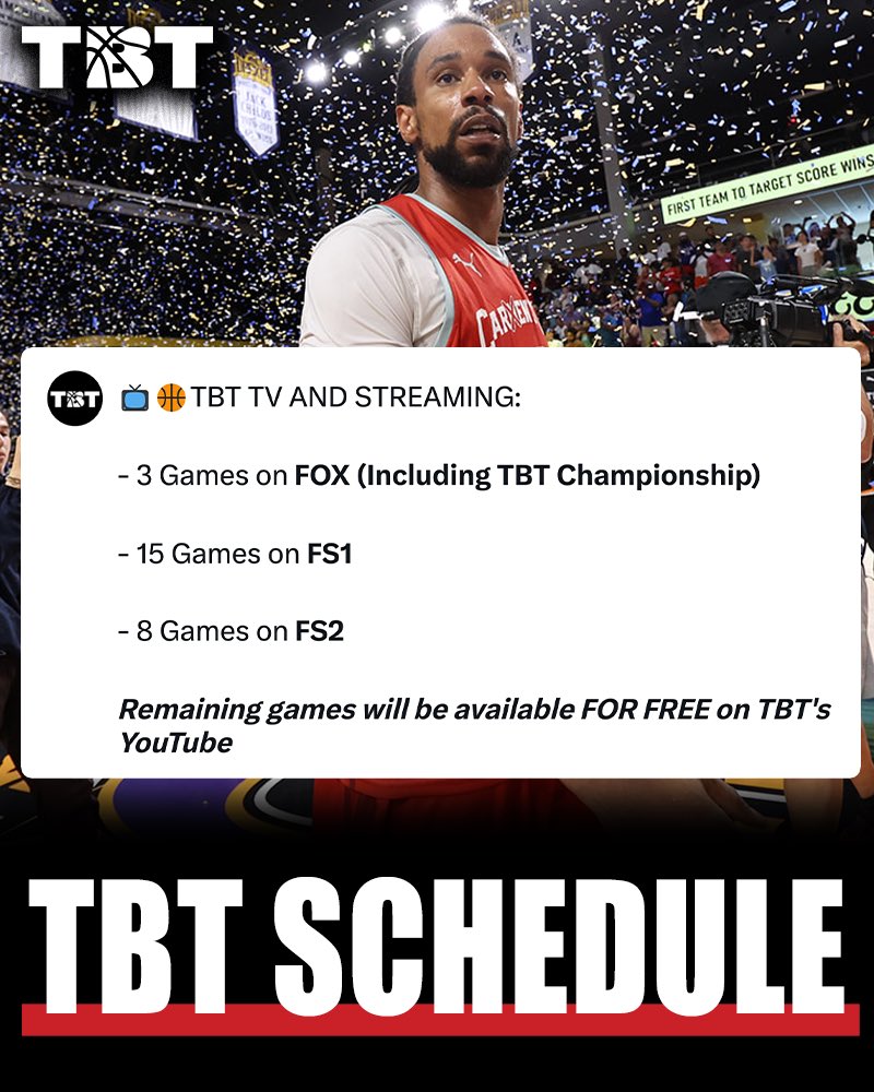 THE TBT TV AND STREAMING SCHEDULE IS HERE!

TBT Tickets: tbthoops.com/tickets

Regional Schedules: thetournament.com/tbt/2025-sched…

📺🏀🔥