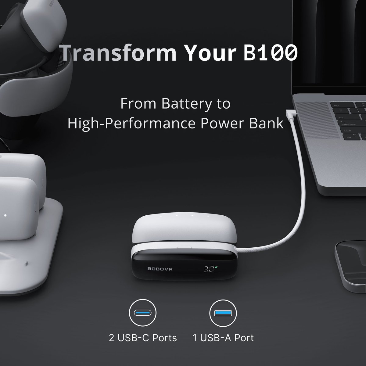 bobovr_official's tweet image. ONE MORE THING！！

From its inception, the B100 battery module incorporated forward-looking design for upward compatibility with future BOBOVR products. We recognized that powering only headstraps underutilizes its potential.
As B100’s hot-swap tech has conditioned users to…