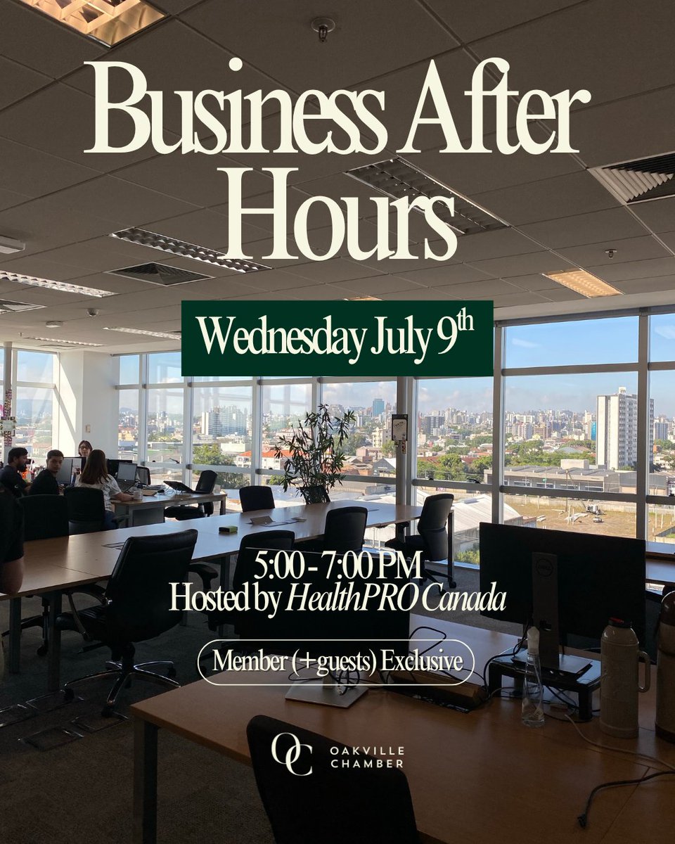 Join the Oakville business community for an evening of networking, drinks &amp; light bites, hosted by HealthPRO Canada!

🗓 Wed July 9th 5-7pm
📍 HealthPRO Canada

👉 RSVP now: l8r.it/266j
*Exclusive to Chamber members and their guests
