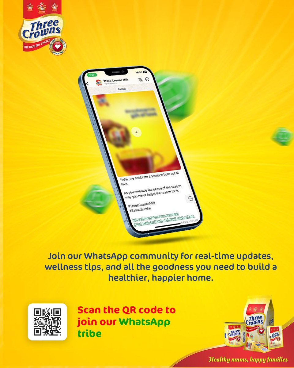 Good health starts with you and lasts for generations!

With Three Crowns Milk, every cup is a step toward strength and wellness.
 
Scan the barcode to join our WhatsApp channel for mom-to-mom tips, recipes, and more!

#ThreeCrownsMilk
#NourishmentToRestore