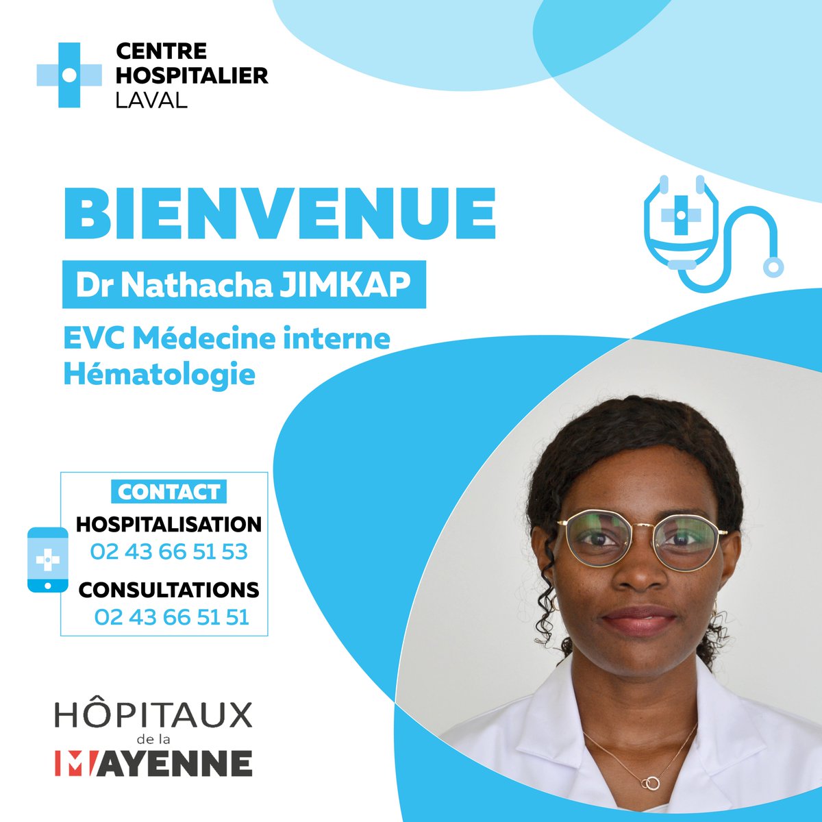 CH Laval (@chlaval53) on Twitter photo 👩⚕️ #Bienvenue aux praticiens EVC en parcours de consolidation des compétences que nous accueillons pour 2 ans :
- Dr Nathacha JIMKAP, médecine interne-hémato
- Dr Said ISMAEL MHOUDINE, Urgences
- Dr Imene DEMAGH, Hépato-gastro-entérologie
-Dr Hadda DJAOUT en pneumologie. 👩⚕️ #Bienvenue aux praticiens EVC en parcours de consolidation des compétences que nous accueillons pour 2 ans :
- Dr Nathacha JIMKAP, médecine interne-hémato
- Dr Said ISMAEL MHOUDINE, Urgences
- Dr Imene DEMAGH, Hépato-gastro-entérologie
-Dr Hadda DJAOUT en pneumologie.