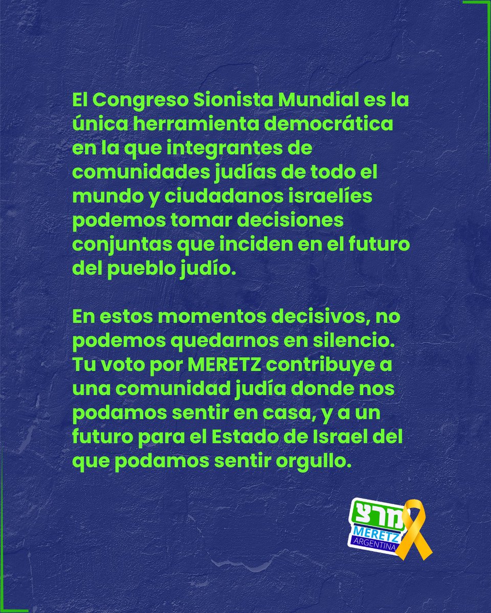 Del 6 al 13 de julio, la comunidad judía argentina puede elegir sus representantes en el Congreso Sionista Mundial, el parlamento del pueblo judío.
Si estás en el padrón, te invitamos a conocer nuestras propuestas: en Meretz necesitamos tu apoyo para llevar nuestras ideas a