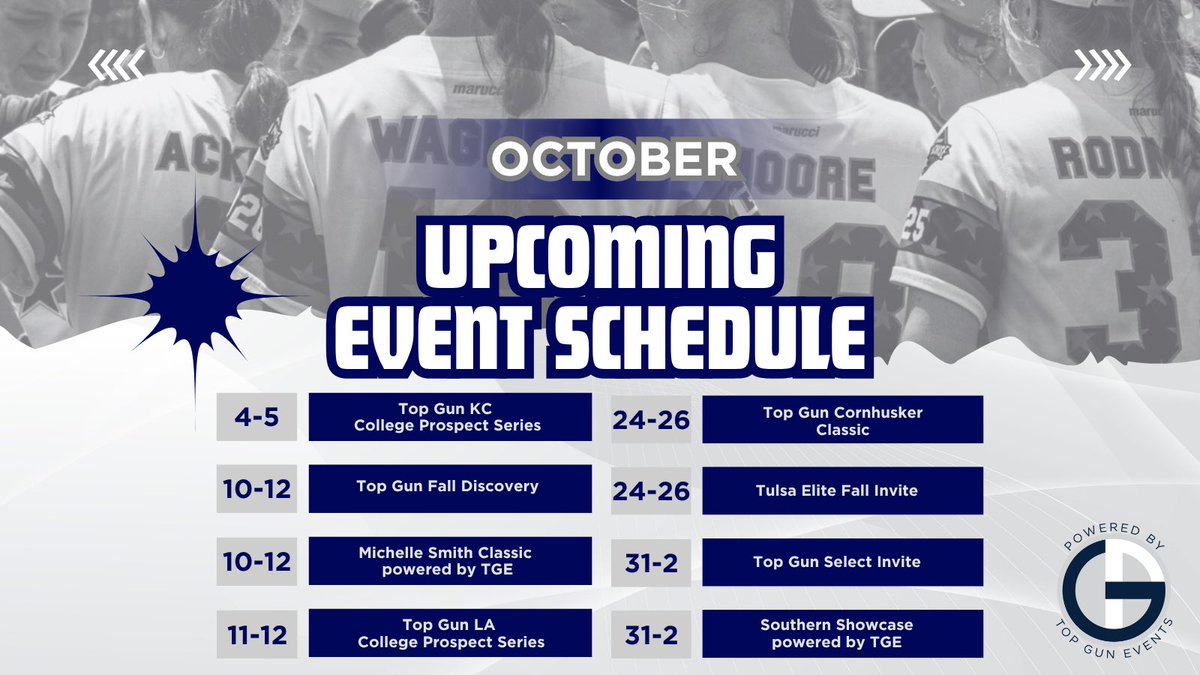 TopGunEvents's tweet photo. Top Gun Events – Fall Tournament Schedule Launch! 🍂🥎 Get ready for epic competition all season long! Check out our September, October, and November tournaments and mark your calendars. Let the games begin! 🏆🔥 #TopGunEvents #FallTournament #GameOn #MarkYourCalender https://t.co/t8DEjQDgpR