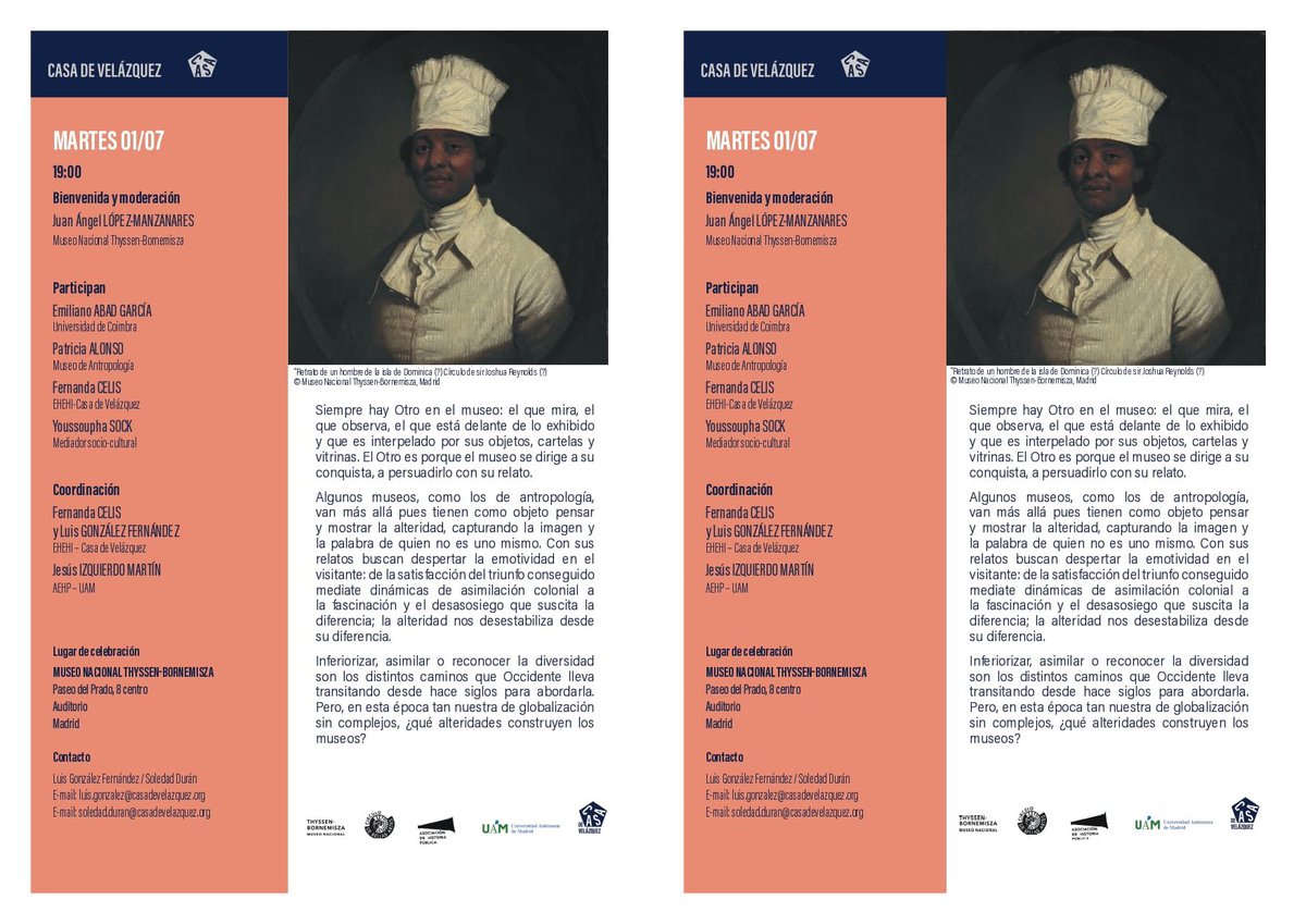 Historia Pública (@historiapublik) on Twitter photo 🗣️ ¿Puede un museo representar la diferencia sin convertirla en espectáculo?
Este 1️⃣ de julio a las 19h, acompáñanos en el <a href="/MuseoThyssen/">Museo Thyssen</a> para la mesa redonda "Comprender desde la diferencia: el museo ante la otredad".
📍 Entrada libre. Info: historiapublica.es/este-1-de-juli… 🗣️ ¿Puede un museo representar la diferencia sin convertirla en espectáculo?
Este 1️⃣ de julio a las 19h, acompáñanos en el <a href="/MuseoThyssen/">Museo Thyssen</a> para la mesa redonda "Comprender desde la diferencia: el museo ante la otredad".
📍 Entrada libre. Info: historiapublica.es/este-1-de-juli…