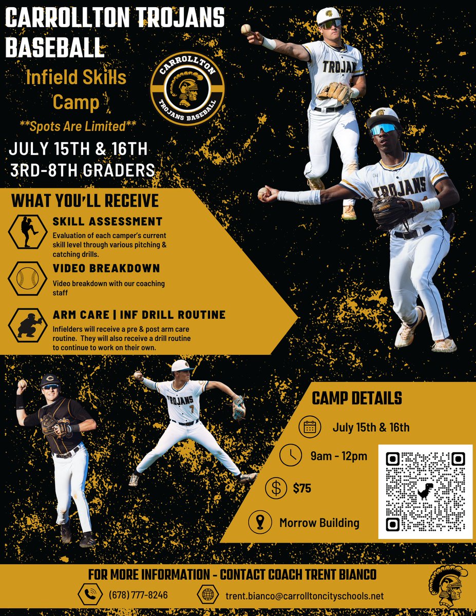Looking to sharpen your infield skills?  We have our Infield Skills Camp on July 15th &amp; 16th!  Here is the link below to sign up:

forms.gle/a1rCX3NPMRyyrv…

If you have any questions please contact Coach Bianco (trent.bianco@carrolltoncityschools.net)
