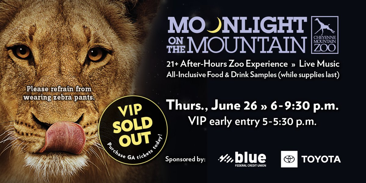CheyenneMtnZoo's tweet image. The weather looks perfect for Moonlight on the Mountain tonight! Get your hands on the last few remaining tickets to our first 21-and-up event of the year at cmzoo.org/moonlight! You won’t want to miss this wild night of local music, delicious food, unique drinks, stunning…