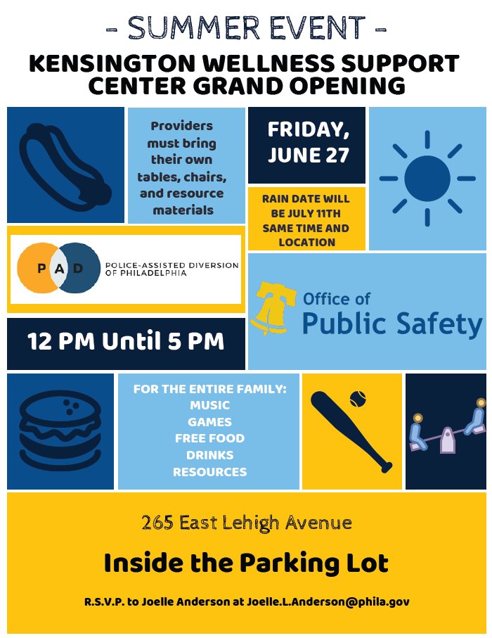 Join the Office of Public Safety on June 27 (12–5 PM) at 265 E Lehigh Ave for the Kensington Wellness Center Grand Opening! 

🎉 Free food, games &amp; more. Visit the Hiring Bus to explore City jobs &amp; apply onsite. 

💼 work.phila.gov 

#HiringPHL #PhillyJobs