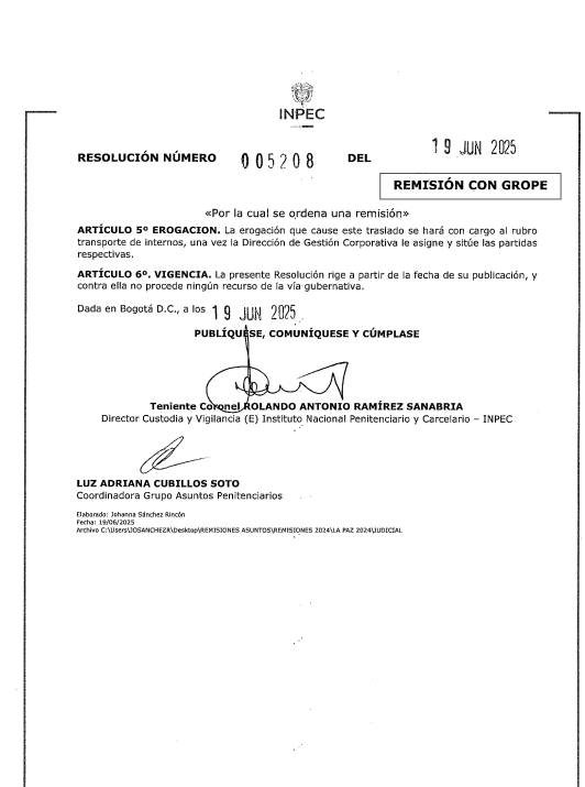Está es la resolución con la cual se autorizó el traslado de nueve condenados desde la Cárcel La Paz de Itagüí, hasta el evento presidencial en La Alpujarra.