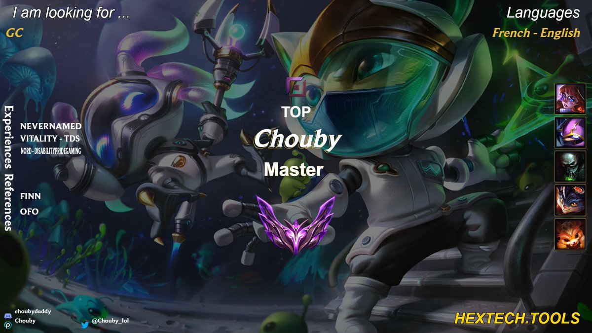 Chouby (@chouby_lol) on Twitter photo Hello,
<a href="/thenevernamed/">Never Named</a> allowed me to explore my options for GC
I'm open to any proposal and maybe open to creating my own team too, don't hesitate to DM me !
VODS available
Ref:
<a href="/OneForOneV/">Oneƒor</a>
<a href="/finn_finnyboy/">Alex</a>
<a href="/SolenneLoL/">NN Solenne</a> Hello,
<a href="/thenevernamed/">Never Named</a> allowed me to explore my options for GC
I'm open to any proposal and maybe open to creating my own team too, don't hesitate to DM me !
VODS available
Ref:
<a href="/OneForOneV/">Oneƒor</a>
<a href="/finn_finnyboy/">Alex</a>
<a href="/SolenneLoL/">NN Solenne</a>