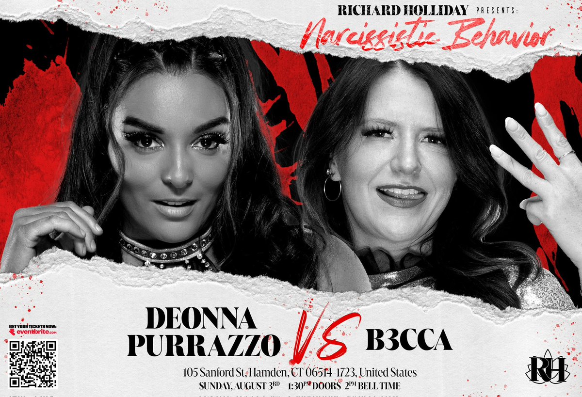OFFICIAL: 

<a href="/DeonnaPurrazzo/">The Virtuosa</a> vs <a href="/b3cca4ever/">☆ B3CCA ☆</a> is set for “Narcissistic Behavior”‼️

B3CCA started talking reckless  about Deonna being my first signed talent, which certainly caught my eye. 

I see💰in this FIRST TIME EVER match, so I booked it!! 

🎟️: TinyURL.com/RichardHolliday