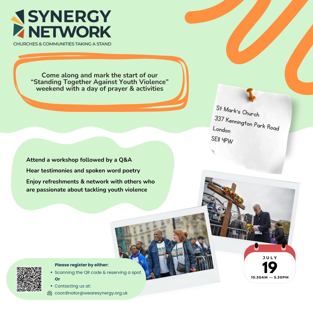 WeAreSynergyNet's tweet image. Standing Together Saturday - 19 July 2025

St Mark’s Church, Kennington, 10.30am – 5.30pm.   

Come along and mark the start of Synergy Network&apos;s “Standing Together Against Youth Violence” weekend with a day of prayer and activities.
wearesynergy.org.uk/event/standing…