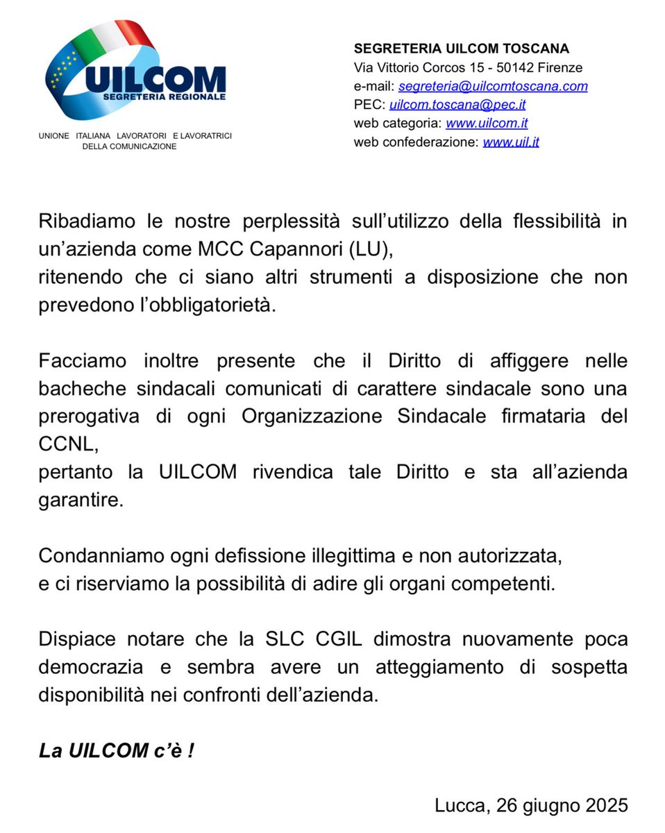 Uilcom_Toscana's tweet photo. ⚠️ A seguito del volantinaggio di martedì alla MCC di Guamo, le RSU di SLC/CGIL hanno scritto che noi non siamo legittimati ad affiggere i nostri volantini nelle bacheche sindacali.

👉🏻 In allegato la nostra risposta https://t.co/ZOiSnr9aMu