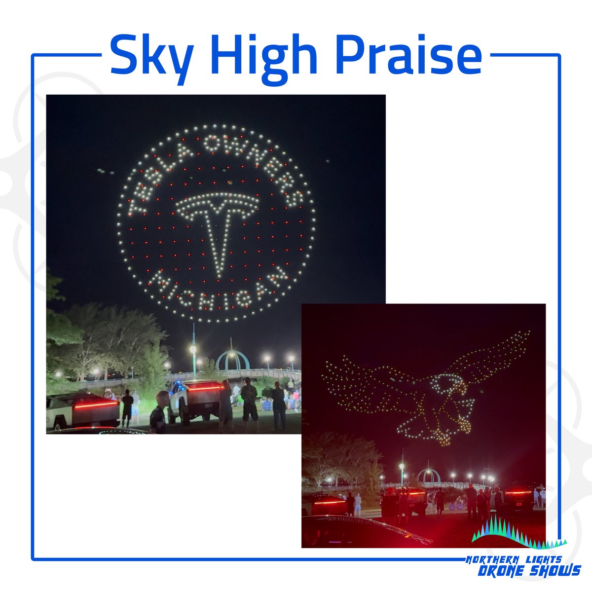 NLDS_DroneShows's tweet image. Check out some reviews from our show with 450 drones in Muskegon, Michigan! Thank you to everyone who took the time to write these thoughtful messages. It helps us bring even more dazzling displays of lights in the sky to people all over the United States!
@teslaownersmi