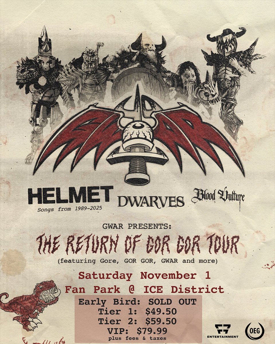 IceDistrict's tweet image. Early bird tickets for @gwar at Fan Park are already SOLD OUT! 🔥 Don't miss out on Tier 1 tickets today with presale password ICEDISTRICT.
Celebrate Halloween with the legendary shock rockers on their 40th anniversary in the heated tent with full throttle GWAR effects! 🦖