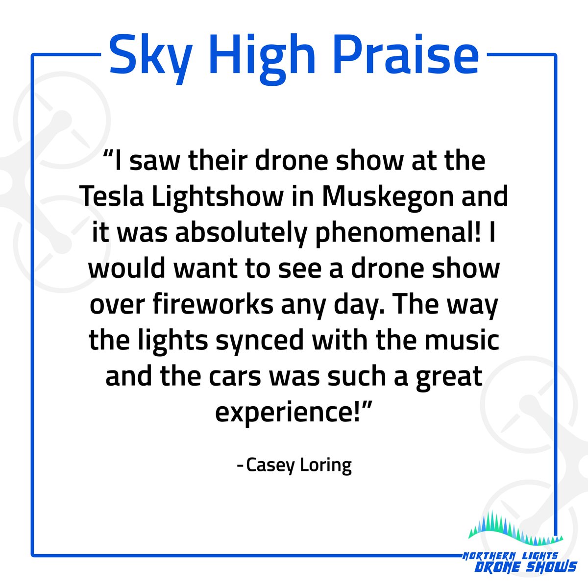 NLDS_DroneShows's tweet image. Check out some reviews from our show with 450 drones in Muskegon, Michigan! Thank you to everyone who took the time to write these thoughtful messages. It helps us bring even more dazzling displays of lights in the sky to people all over the United States!
@teslaownersmi