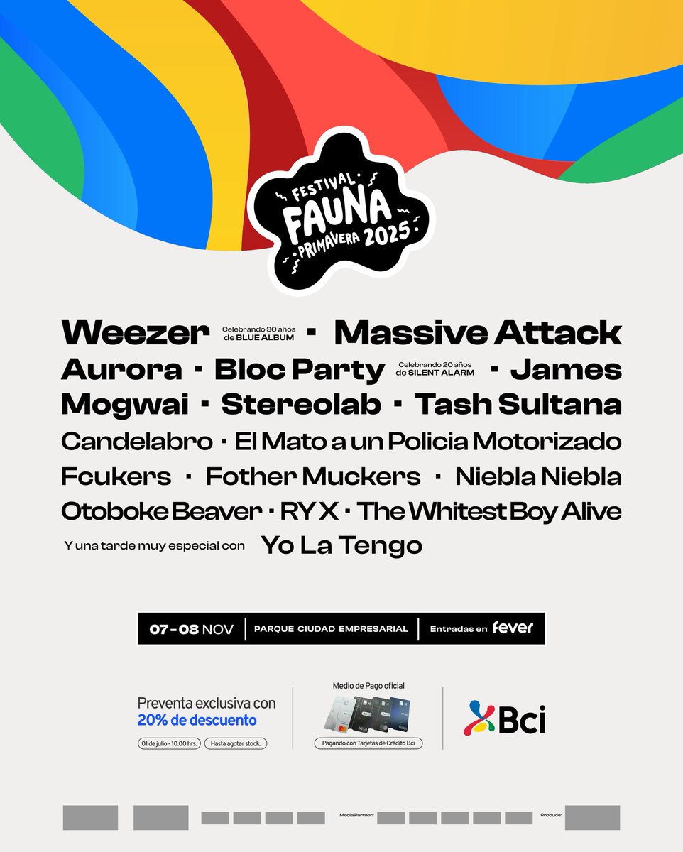 Primavera Chile, you're on our list. We can't wait for this one.

Pre-sale July 2nd 10am CLT
General sale July 2nd 12pm CLT

<a href="/FaunaPrimavera/">Fauna Primavera</a>