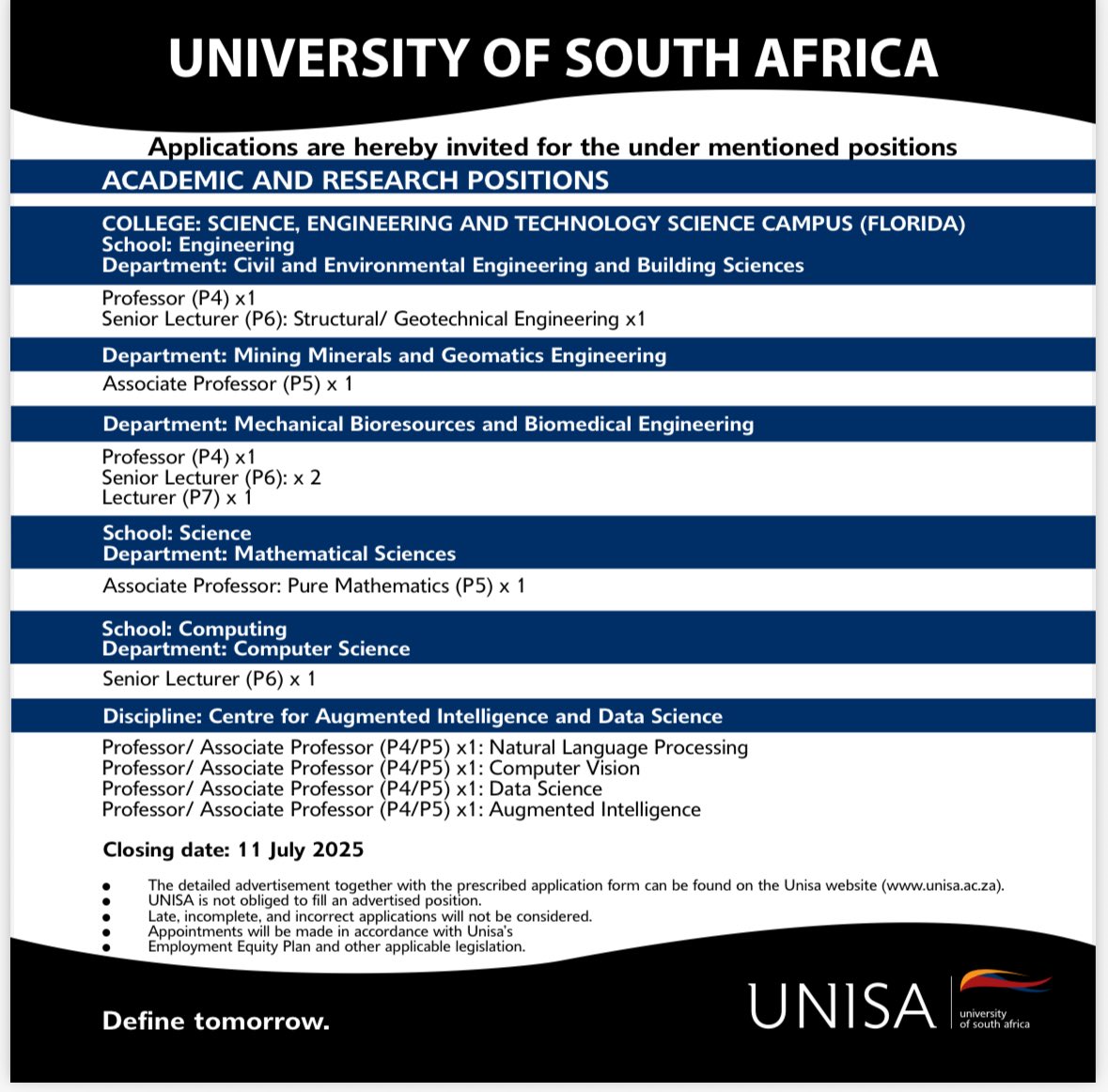 UnisaCSET's tweet photo. [VACANCIES AT UNISA CSET] Applications are hereby invited for the under mentioned positions. The detailed advertisement together with the prescribed application form can be found on the Unisa website (https://t.co/HxmEywV6hK).
Please note that the closing date is 11 July 2025.
#UnisaCSET
#Unisa150andBeyond
