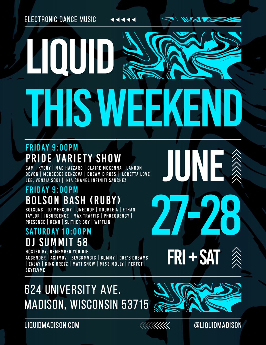 🗣 THIS WEEKEND AT LIQUID: PRIDE, PARTIES, &amp; NEXT GEN BEATS! 🌈

🔥 FRIDAY in LIQUID: The Madison Pride Variety Show takes over with an unstoppable lineup of live music, DJs, drag performances, and pure rainbow energy! Soulful vocals, fiery rap, and iconic drag; it’s a night of