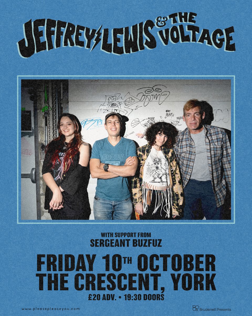 Brudenell Presents (@brudpresents) on Twitter photo We're honoured to be bringing the one & only <a href="/jeffreylewisand/">Jeffrey Lewis</a> back to York alongside his band 'The Voltage', for a show at <a href="/TheCrescentYork/">TheCrescentYork</a> on 10th October ⚡️
+ support from Sergeant Buzfuz. 🤝
Grab your tickets tomorrow @ 10AM. 🕙
➡️ tinyurl.com/JeffreyLewis-Y… We're honoured to be bringing the one & only <a href="/jeffreylewisand/">Jeffrey Lewis</a> back to York alongside his band 'The Voltage', for a show at <a href="/TheCrescentYork/">TheCrescentYork</a> on 10th October ⚡️
+ support from Sergeant Buzfuz. 🤝
Grab your tickets tomorrow @ 10AM. 🕙
➡️ tinyurl.com/JeffreyLewis-Y…