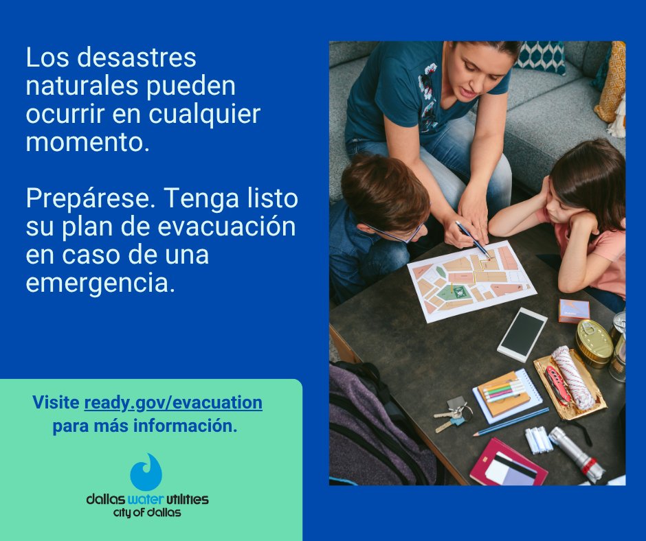 Trinity River Corridor (@mytrinityriver) on Twitter photo Los desastres naturales pueden ocurrir en cualquier momento. Es importante preparar un plan de evacuación antes de que ocurra una emergencia. Visite ready.gov/evacuation para más información sobre cómo preparar un plan de evacuación.
<a href="/FEMAespanol/">FEMA en español</a> <a href="/TexasCFM/">TFMA</a> <a href="/311Dallas/">311 Dallas</a> Los desastres naturales pueden ocurrir en cualquier momento. Es importante preparar un plan de evacuación antes de que ocurra una emergencia. Visite ready.gov/evacuation para más información sobre cómo preparar un plan de evacuación.
<a href="/FEMAespanol/">FEMA en español</a> <a href="/TexasCFM/">TFMA</a> <a href="/311Dallas/">311 Dallas</a>