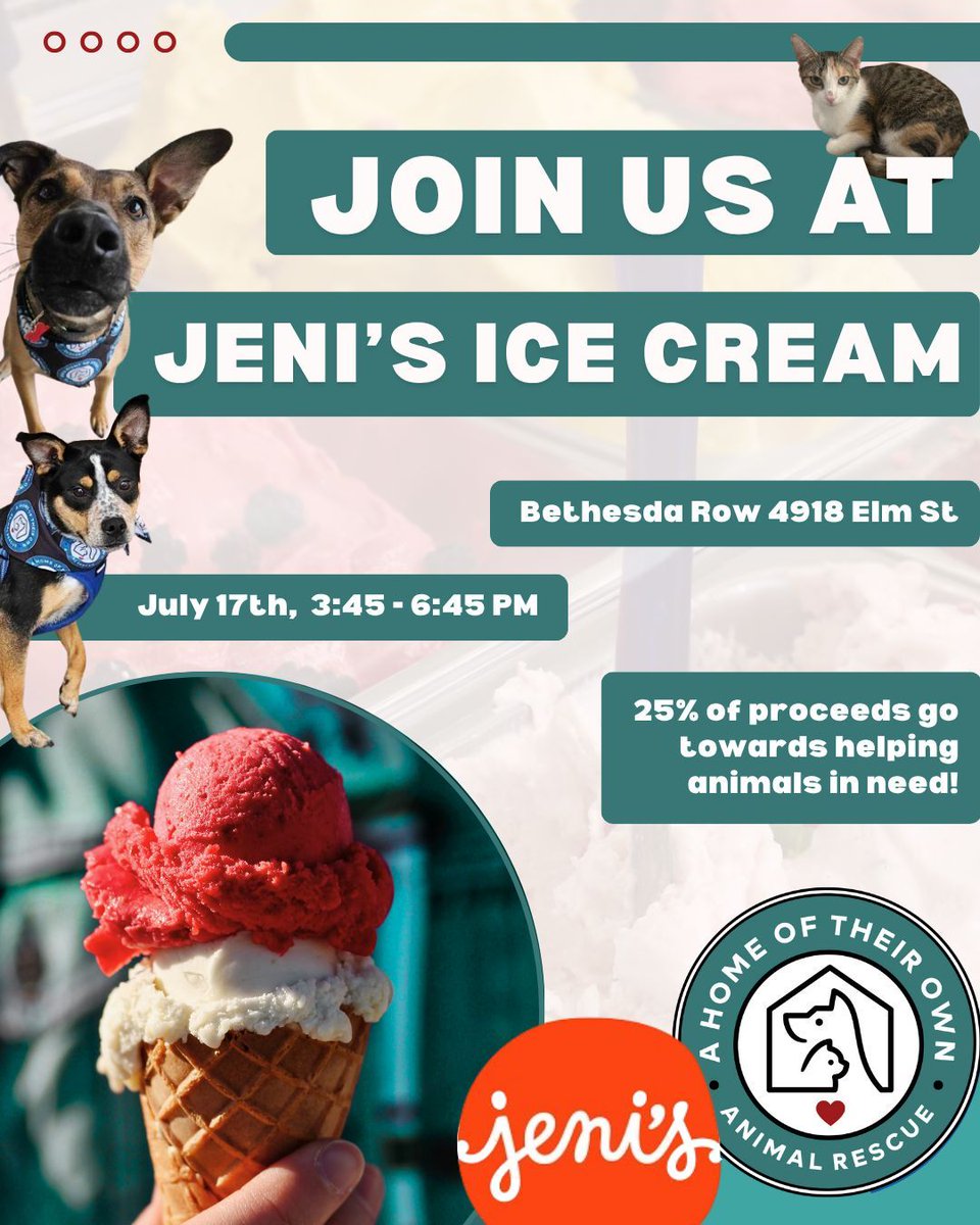 AHomeOfTheirOwn's tweet photo. 🥵 With all this heat, you're probably craving a sweet treat...
🍦 Join us at Jeni’s Ice Cream (Bethesda Row) on July 17th, 3:45–6:45 PM — 25% of proceeds help rescue animals! 🐶🐱

#IceCreamForACause #Maryland #DMV https://t.co/F8ovCRsFJa