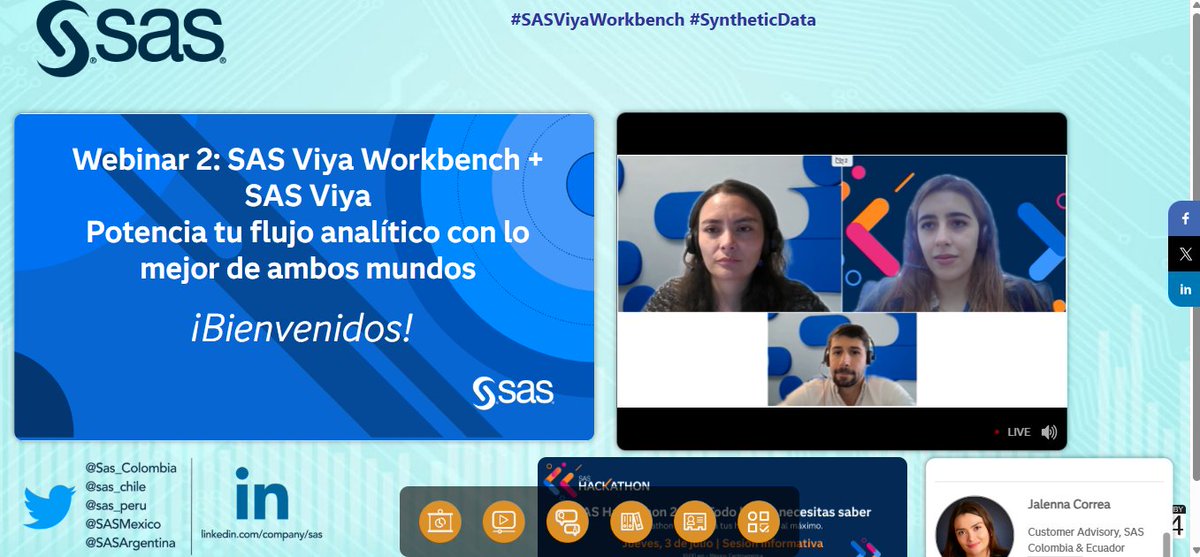 Sas_Colombia's tweet image. #AEstaHora Jalenna Correa, Customer Advisory, SAS Colombia y Ecuador, participa en un webinar  donde comparte su experiencia y conocimiento sobre SAS Viya Workbench  y cómo esta plataforma simplifica su trabajo.

#SASViyaWorkbench #SyntheticData