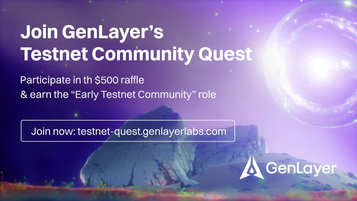 Experience the power of Intelligent Contracts firsthand!

Join GenLayer's Testnet Community Quest.  

Participate in a $500 raffle &amp; earn the "Early Testnet Community" role on Discord.  

Share your image on X!  

Now live 👇