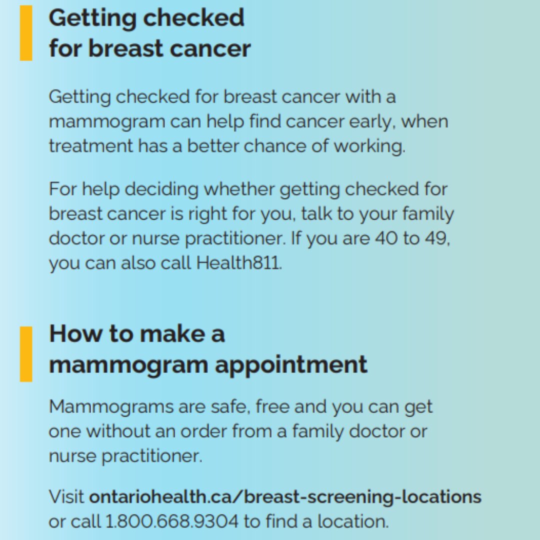 Screen4Cancer's tweet image. Women, Two-Spirit people, trans people and nonbinary people 40 or over can get checked for breast cancer.
Getting checked for breast cancer with a
mammogram can help find cancer early, when
treatment has a better chance of working.
screen4cancer.ca/breastscreening
