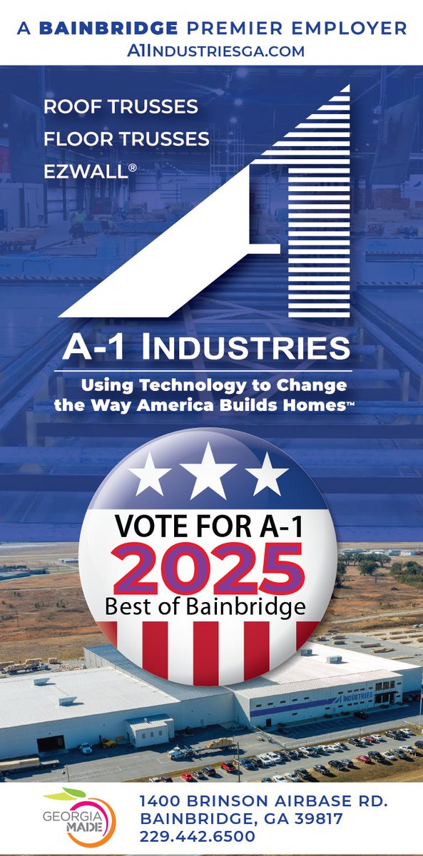 A1_Truss's tweet photo. 🏆 A-1 Industries of Georgia is nominated in the 2025 Best of Bainbridge Awards!

✅ Best Place to Work – Large
✅ Best Local Manufacturer
📍 From Bainbridge, GA — proud to serve the Southeast.
🗳️ Vote by July 6: https://t.co/obwILyw8Fh

#A1Industries #WeBuildDreams #BestOfBainbridge #BainbridgeGA