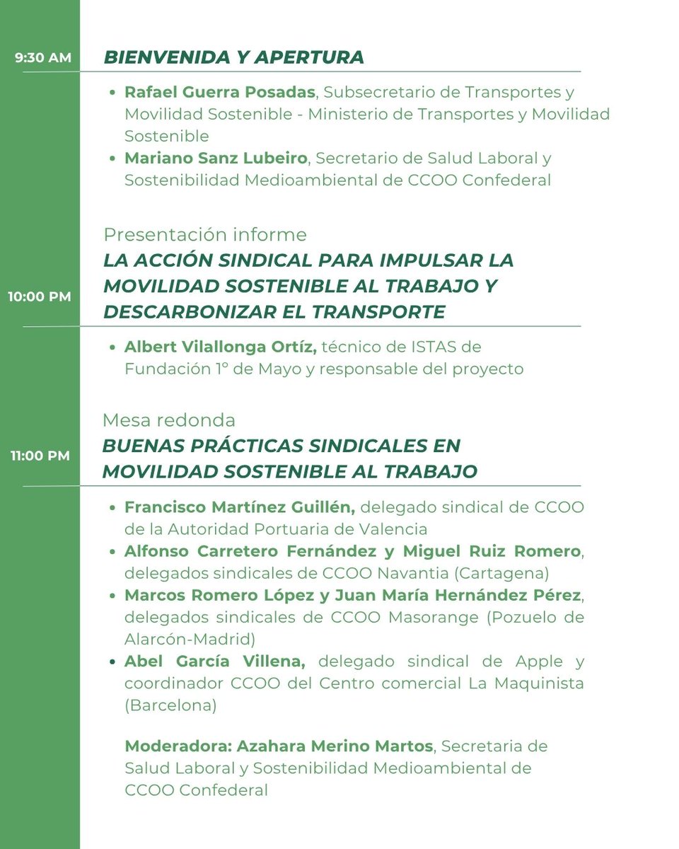 Fundacion 1º de Mayo (@fundacion1mayo) on Twitter photo 🗣Rafael Guerra Posadas, Subsecretario de Transportes y Movilidad Sostenible- <a href="/transportesgob/">Ministerio Transportes y Movilidad Sostenible</a>
🗣 <a href="/msanzlubeiro/">Mariano Sanz</a> , Secretario de <a href="/SaludLab_CCOO/">Salud Laboral CCOO</a> y <a href="/ecoccoo/">CCOO-Medio Ambiente</a>
🗣 Albert Vilallonga Ortíz, técnico de <a href="/ISTASF1M/">ISTAS</a> de #Fundacion1Mayo y responsable del proyecto
🗣 Francisco Martínez 🗣Rafael Guerra Posadas, Subsecretario de Transportes y Movilidad Sostenible- <a href="/transportesgob/">Ministerio Transportes y Movilidad Sostenible</a>
🗣 <a href="/msanzlubeiro/">Mariano Sanz</a> , Secretario de <a href="/SaludLab_CCOO/">Salud Laboral CCOO</a> y <a href="/ecoccoo/">CCOO-Medio Ambiente</a>
🗣 Albert Vilallonga Ortíz, técnico de <a href="/ISTASF1M/">ISTAS</a> de #Fundacion1Mayo y responsable del proyecto
🗣 Francisco Martínez