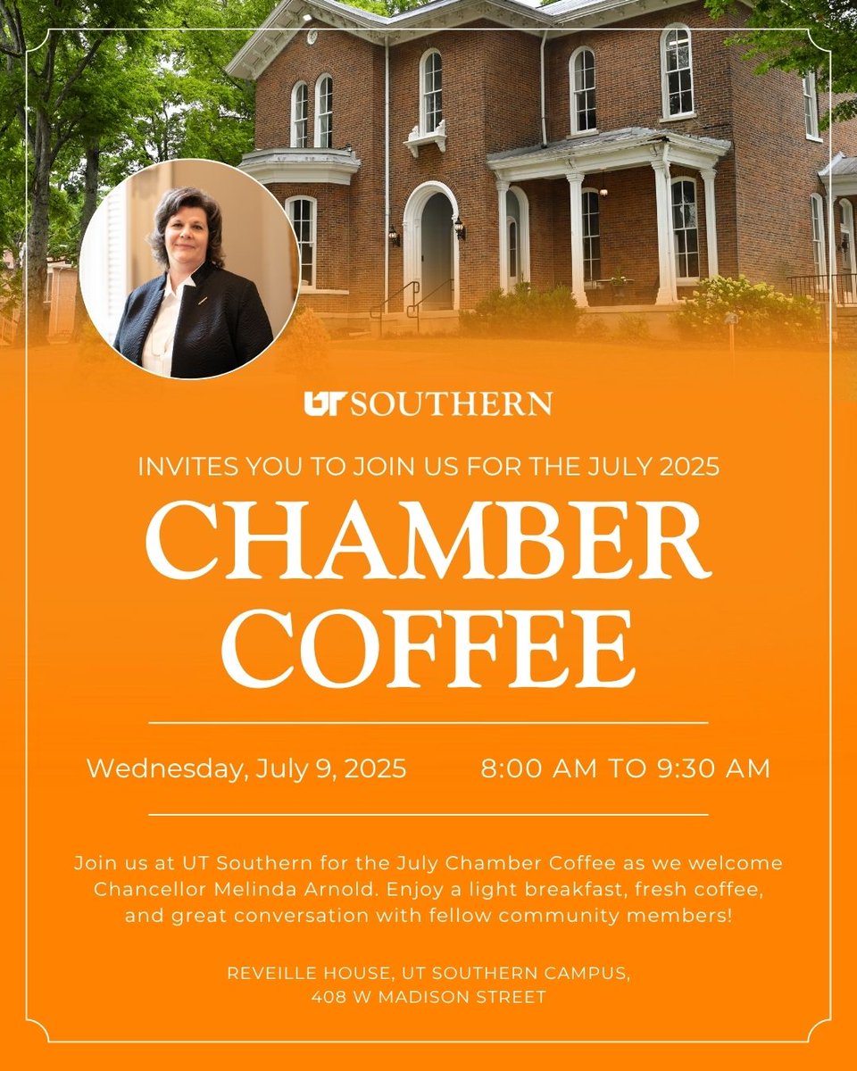UT_Southern's tweet image. You're invited! ☕✨ Join us for the July Chamber Coffee hosted by UT Southern at the Reveille House! Enjoy a light breakfast, fresh coffee, and friendly conversation as we welcome Chancellor Melinda Arnold to our campus and community. We can't wait to see you there!