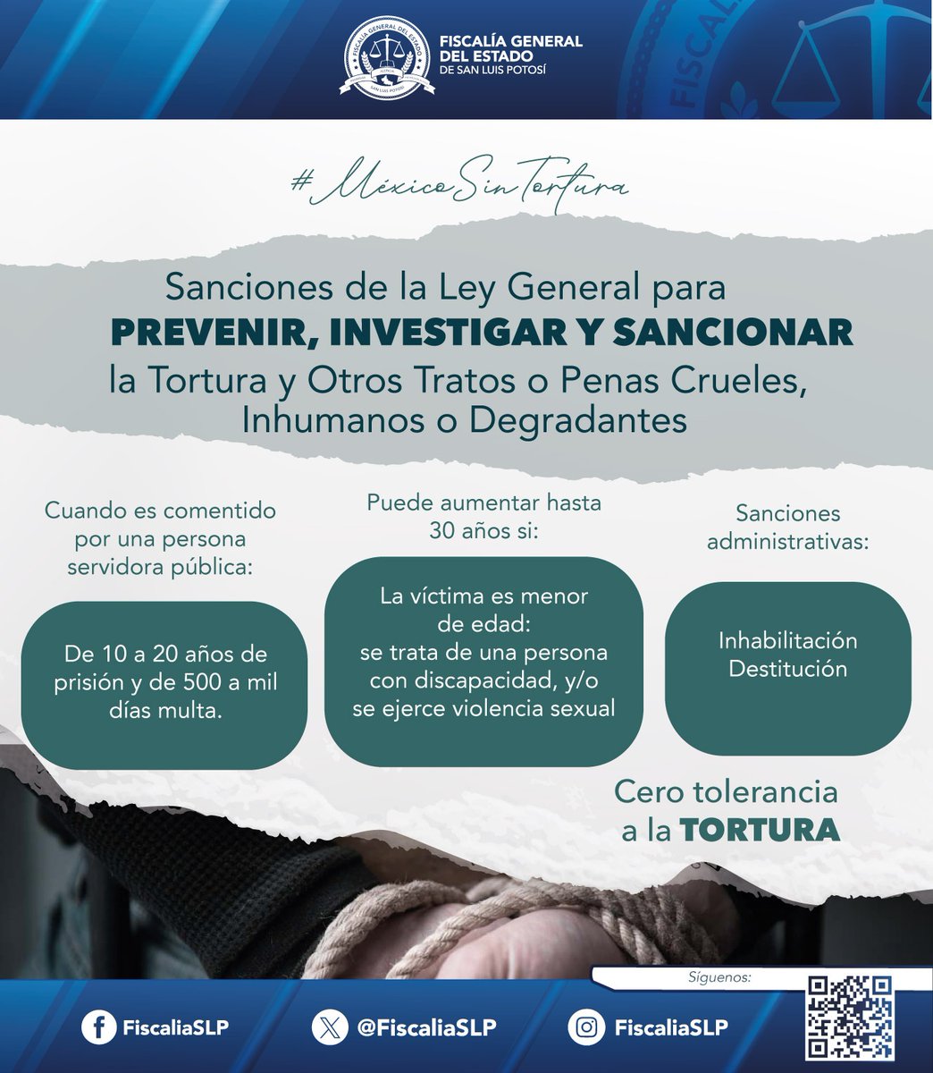 ⚠ Conoce las sanciones por actos de tortura establecidos en la Ley General para Prevenir, Investigar y Sancionar la Tortura y Otros Tratos o Penas Crueles, Inhumanos o Degradantes.