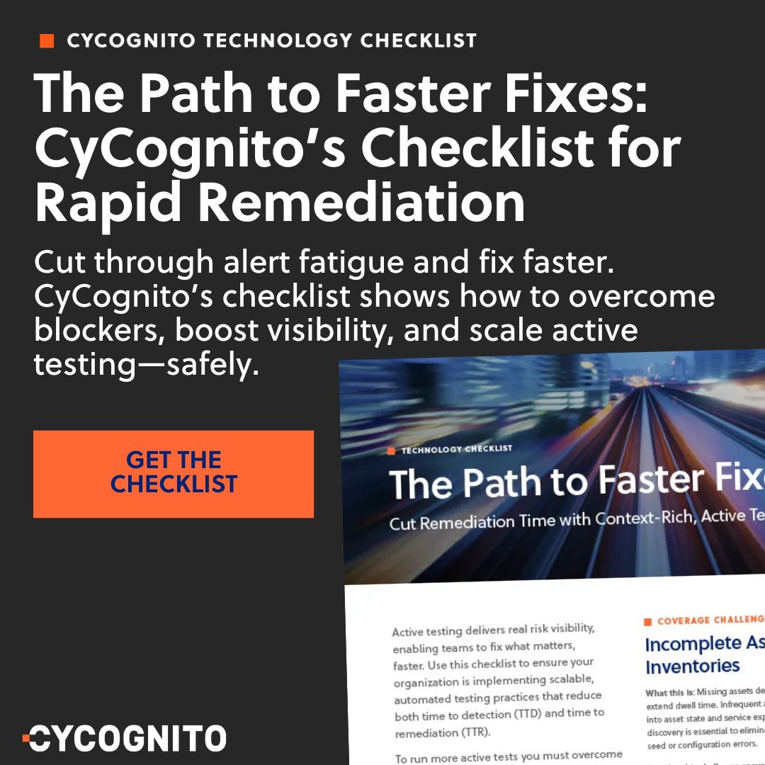 Still stuck in false positives and slow fixes? 🔄

Get CyCognito’s Faster Fixes Checklist and learn how to:
✔️ Speed up remediation
✔️ Prioritize what matters
✔️ Scale active testing safely

📥 Download now: cycognito.com/resources/brie…

#CyberSecurity #EASM