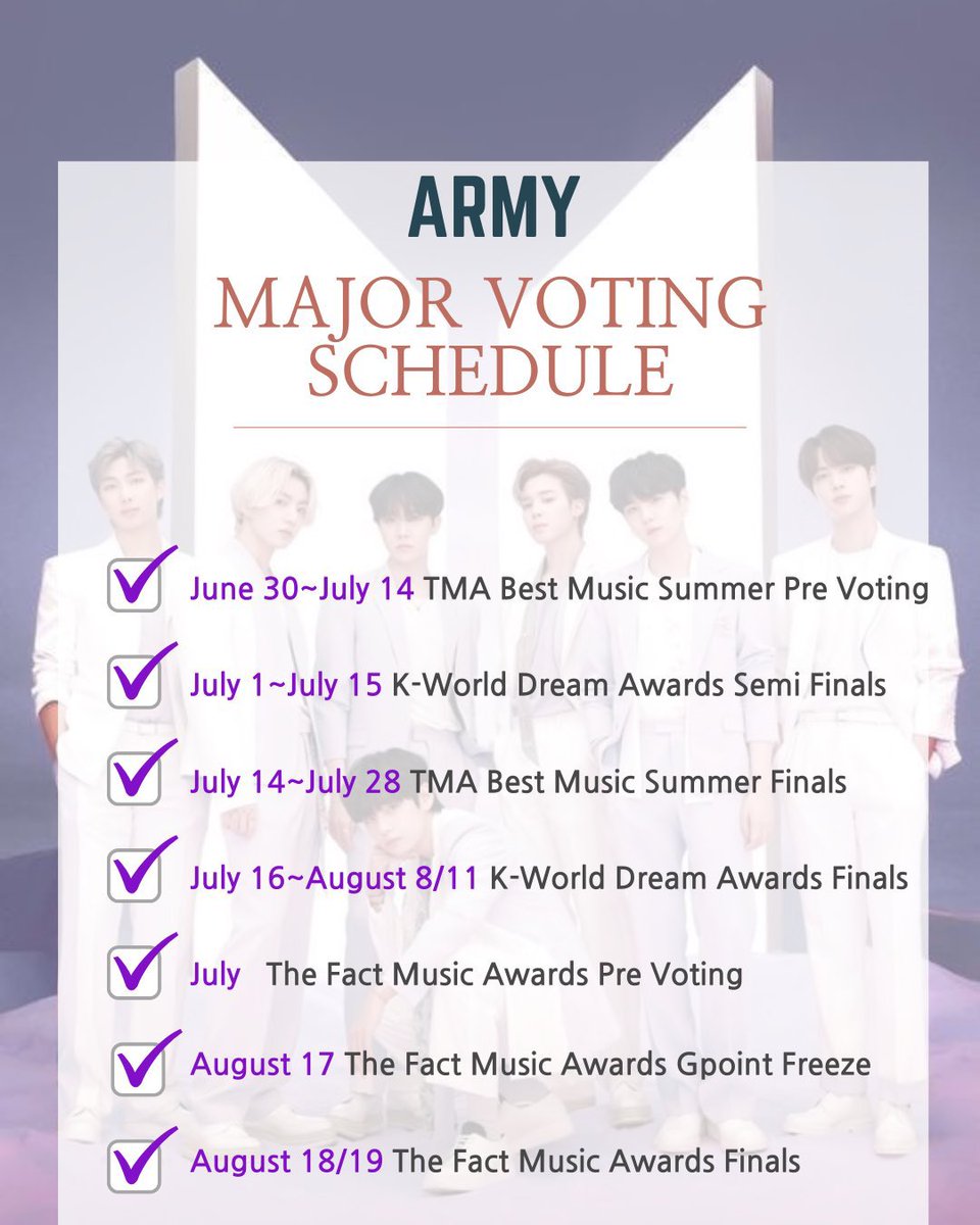 🛑 ARMY MAJOR VOTING SCHEDULE

Reminder: 
Check the dates for the schedule and install these 2 apps and prepare for voting!

📲 Fan N Star - The Fact Music Awards(TMA); increase Gpoint rank; collect stars

📲 Duckad - K World Dream Awards(KWDA); collect VTs