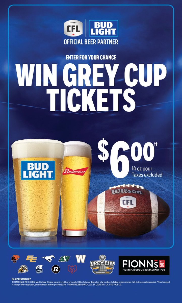 Park &amp; Ride from Fionn's Grant Park to the game tonight and enter to win Grey Cup Tickets! Call the Pub to book your seats now. 431-317-8636