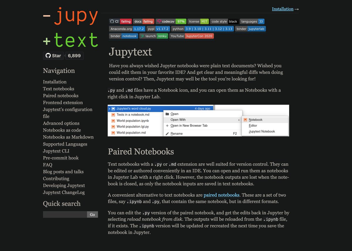 alfcnz's tweet image. Jupytext makes dealing with notebooks a breeze.
• allows you to open .PY files as notebooks, enabling partial execution,
• gives you the ability to vim your notebooks, and
• can pair a notebook with a synchronised .PY textual version for easy diffs.
For git, see nbdime.