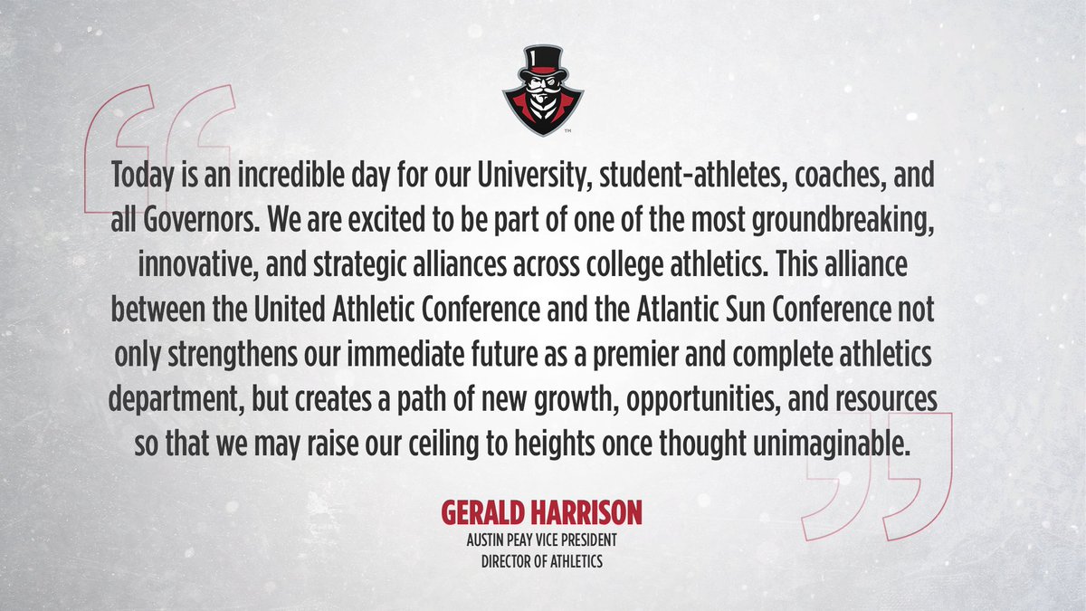 Austin Peay Governors (@letsgopeay) on Twitter photo Austin Peay Vice President and Director of Athletics <a href="/GJHJ/">Gerald Harrison</a>'s statement on the announcement of a groundbreaking, innovative, and strategic alliance.
#LetsGoPeay Austin Peay Vice President and Director of Athletics <a href="/GJHJ/">Gerald Harrison</a>'s statement on the announcement of a groundbreaking, innovative, and strategic alliance.
#LetsGoPeay