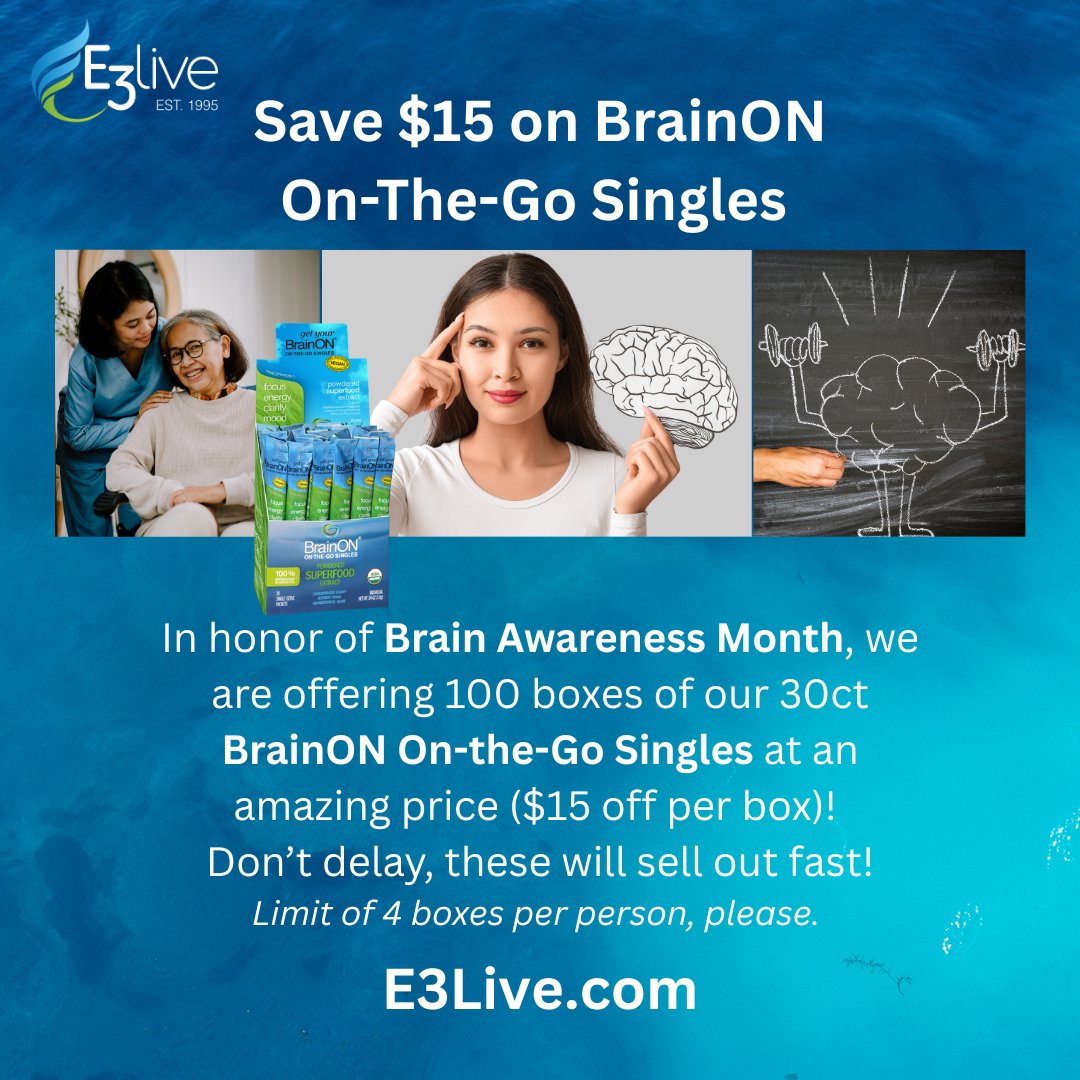 🧠Save $15 on BrainON On-The-Go Singles 30ct🧠

Brain Awareness Month special, Limited to 100 boxes, Limit of 4 per person. 

Supports: 💚Focus💙Clarity💚Mood💙Concentration💚&amp; More!

#brainon #brainawarenessmonth #e3live #focus #clarity #concentration #brainhealth