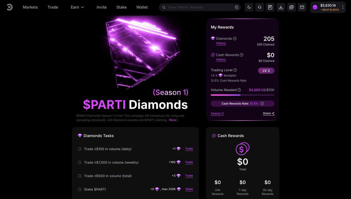 💜The Trading Season and Rewards Have Arrived 💜

Congratulations to <a href="/UseUniversalX/">UniversalX</a>  on launching V3!

So, what does UniversalX bring in this V3 version?

1. Cashback for trading
2. Universal Cabals
3. Diamonds reward for the new Airdrop Season 1
4. Instant trading &amp; price