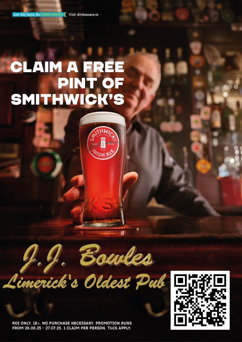 jjbowlespub's tweet image. Join us in JJ Bowles this weekend and claim a free pint of Smithwick's.
Scan the code...