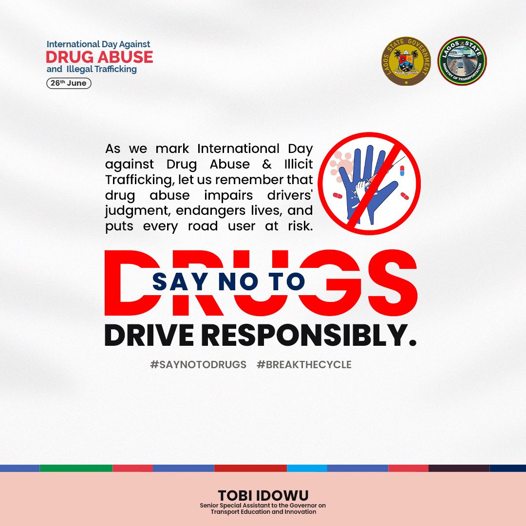 tobiidowu_'s tweet photo. On this World Drug Day, we encourage all transport workers, drivers, conductors, dispatchers, and enforcers to embrace a drug-free lifestyle. 

By staying drug-free, you enhance your alertness, protect lives, and uphold the integrity of your profession. Remember, you play a vital role in keeping the city moving. Approach your work with a clear mind and strong determination. Together, we can create a safer and more responsible transport environment.

#WorldDrugDay