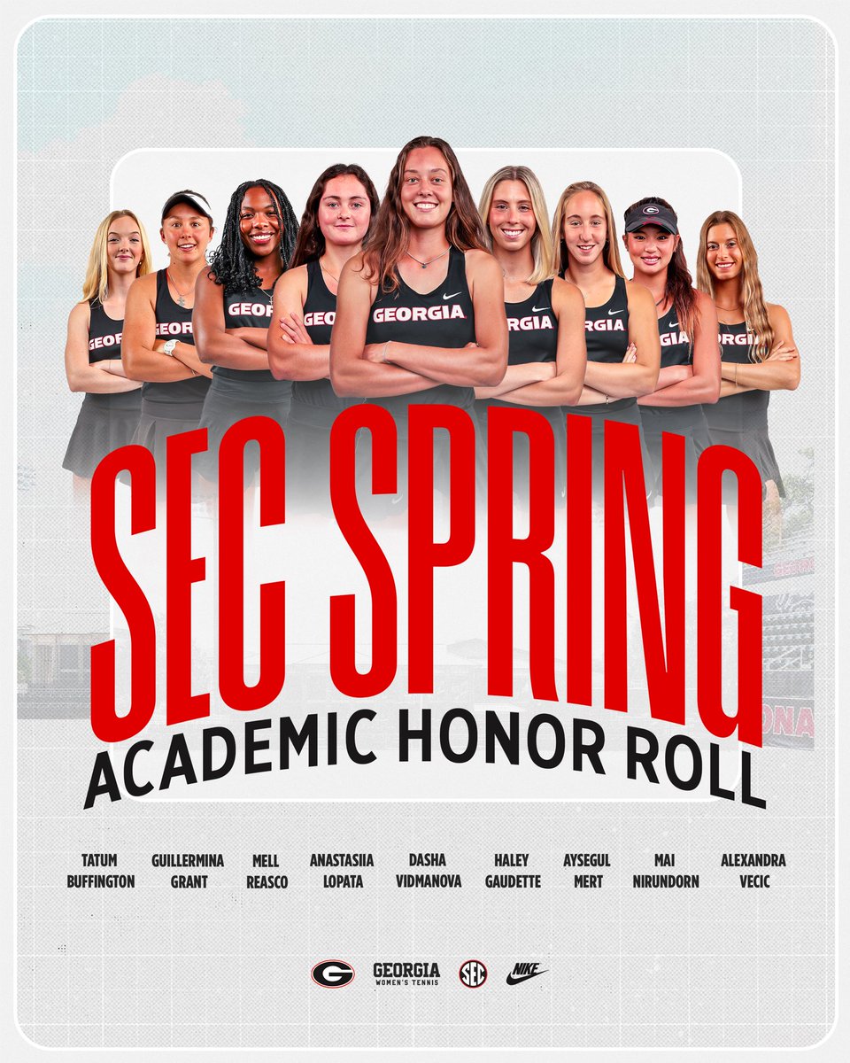UGAWomensTennis's tweet image. The 2025 National Champion veterans who excelled in the classroom, and on Friday, look for those who made the First-Year Student Honor Roll too.