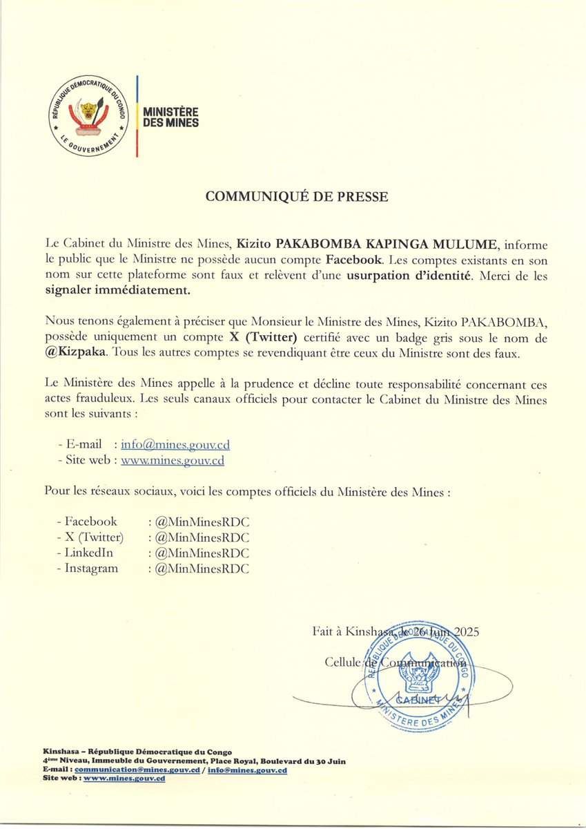 Ministère des Mines - RDC (@minminesrdc) on Twitter photo #RDC_MINES | 26.06.2025
COMMUNIQUÉ DE PRESSE #RDC_MINES | 26.06.2025
COMMUNIQUÉ DE PRESSE