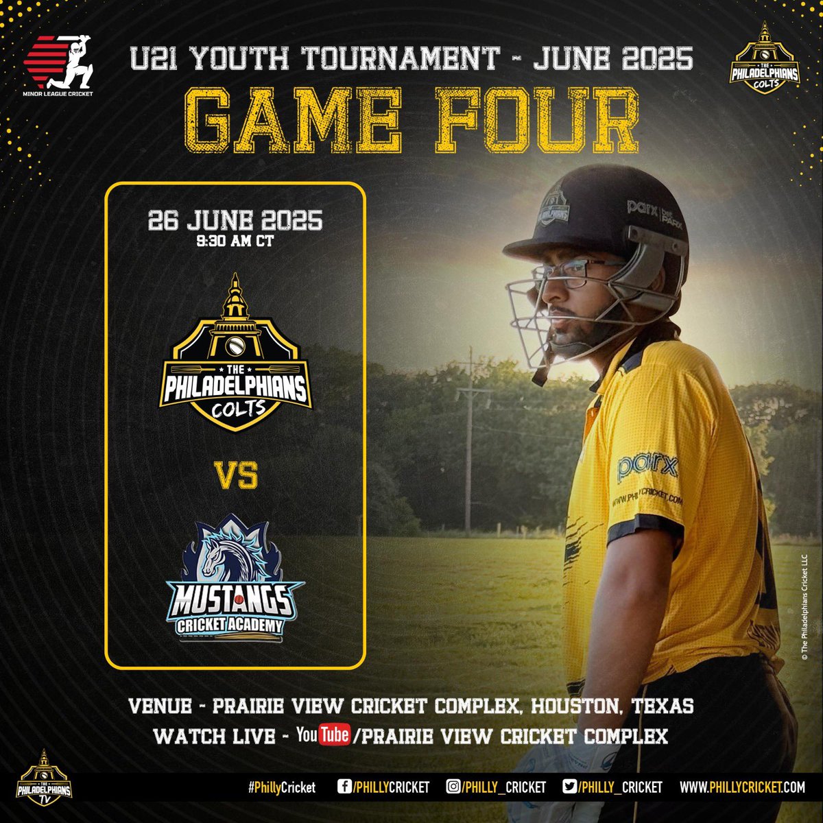 The Philadelphians Cricket (@philly_cricket) on Twitter photo Weβre back for one last ride! ππ₯
Itβs the Final Game for our #Colts at the <a href="/MiLCricket/">Minor League Cricket</a> U21 Youth Tournament 2025.
Can the boys chase this down and finish strong?
Letβs go, Philly! ππ
#PhillyCricket #Philadelphia #Youth #USA #Cricket #MiLC Weβre back for one last ride! ππ₯
Itβs the Final Game for our #Colts at the <a href="/MiLCricket/">Minor League Cricket</a> U21 Youth Tournament 2025.
Can the boys chase this down and finish strong?
Letβs go, Philly! ππ
#PhillyCricket #Philadelphia #Youth #USA #Cricket #MiLC