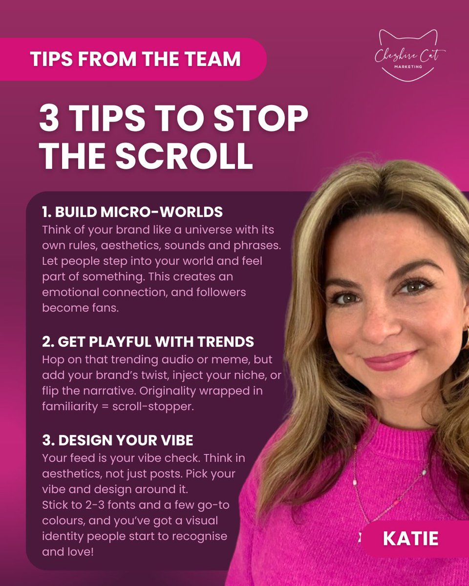 Cat_Marketing's tweet photo. 3 Tips to STOP the scroll! 🛑

We are sharing three tips from our #SocialMedia Expert, Katie, about creating social content that stops the scroll!

Let us know your biggest challenge in the comments, and we will make a suggestion! 👇 https://t.co/HNXdmhP3o9