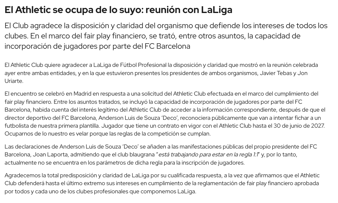 AthleticXtra's tweet photo. 🚨🚨 Comunicado oficial del Athletic sobre la reunión con LALIGA. Lo titulan "El Athletic se ocupa de lo suyo", tal y como dijo Laporta ayer. https://t.co/D06J0Ne8xG