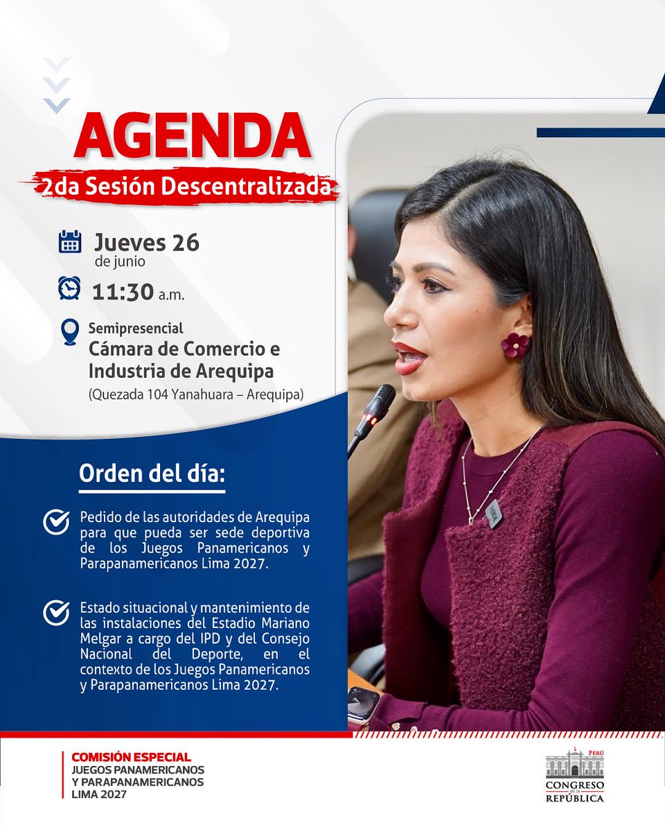 📌 Conoce nuestra agenda de la sesión descentralizada que se realizará en #Arequipa y será presidida por la congresista <a href="/dianagonzalesd_/">Diana Gonzales Delgado</a>. Se contará con la participación de representantes del <a href="/ipdperu/">ipdperu</a>, <a href="/CamaraArequipa/">Cámara de Comercio e Industria de Arequipa</a>, <a href="/GOREArequipa/">REGIÓN AREQUIPA</a>, entre otros.