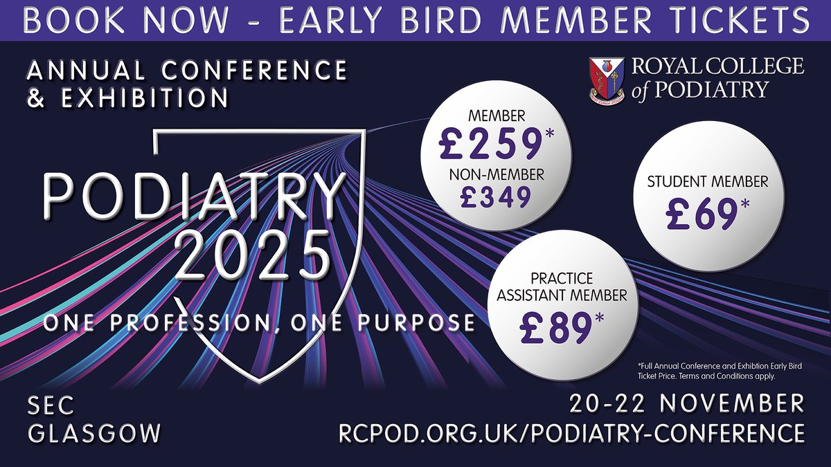 Time is running out to get your early bird tickets! Sales end on Friday 4 July at 12pm. Join us in Glasgow this November. Get your tickets at rcpod.org.uk/podiatry-confe…