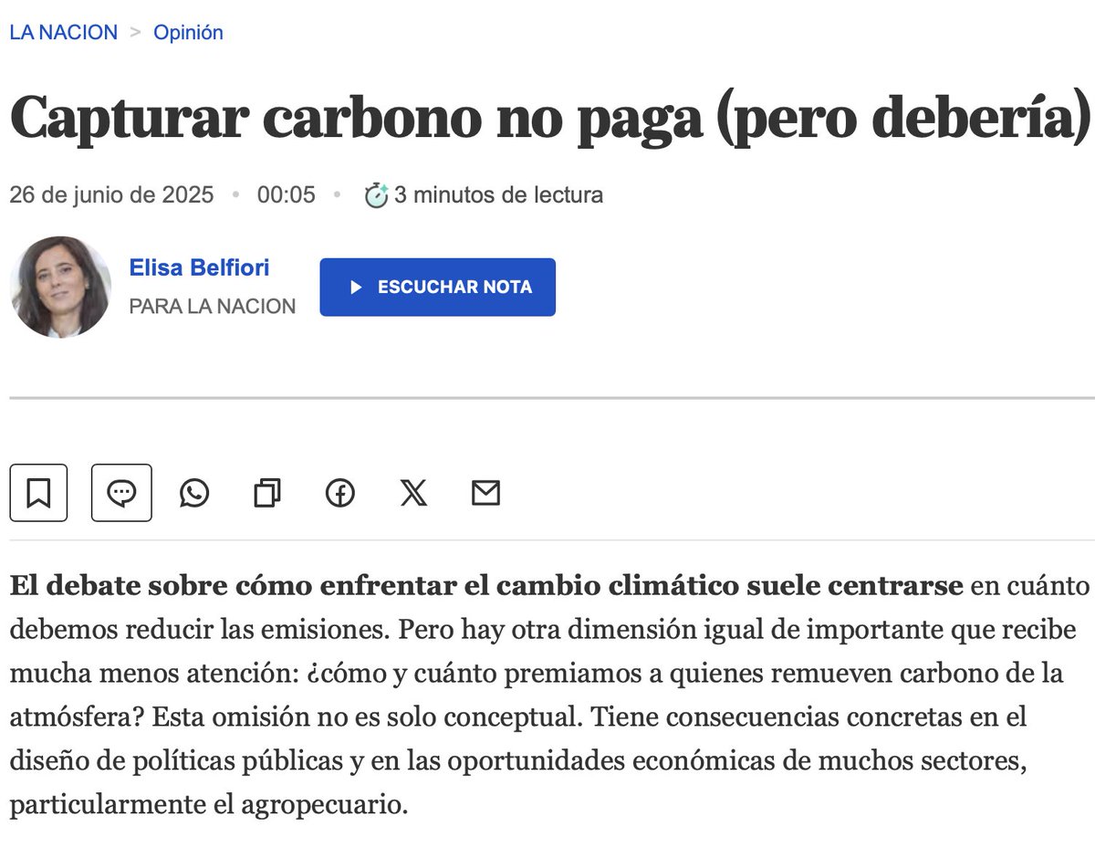 Que lo que vale, tenga precio. Que el precio refleje su valor. Es el ABC de la economía.
Hoy en <a href="/LANACION/">LA NACION</a> escribí sobre por qué importa que la captura de carbono -- natural o tecnológica -- tenga precio. En su totalidad, no solo en su adicionalidad👉🏻🔗 bit.ly/45NaJqh