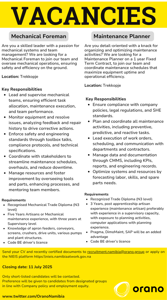 Vacancies alert‼️

You can apply via e-mail or on the Namibia at Work portal: nieis.namibiaatwork.gov.na

Application deadline for both vacancies is 11 July 2025.